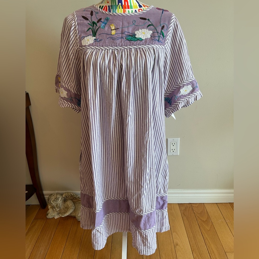 Bechamel 100% Cotton Embroidered Striped Dress
